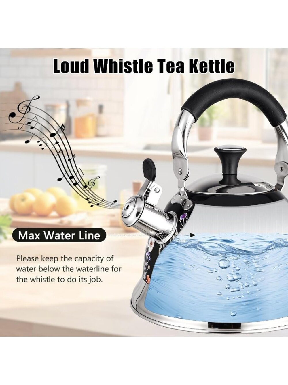 Black Field Flower 304 Stainless Steel Whistling Tea Kettle 3.1 Quart Stovetop - Picture 4 of 7